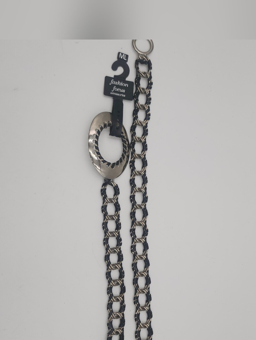 Vintage NEW Silver tone chain link Women's black belt XL L 42" total length